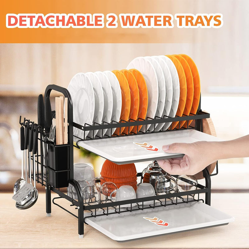 Dish Drying Rack, 2-Tier Dish Racks For Kitchen Counter, Sink Dish Drainer With Drainboard, Utensil Holder And Cutting Board Holder, Stainless Steel Kitchen Drying Rack-Black - Trendy Treasures