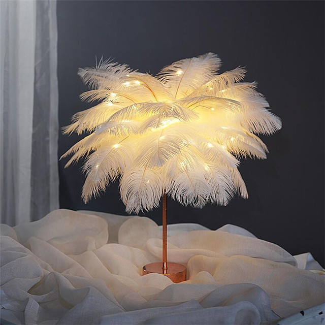 Feather Lamp Nordic Desk Lamp European-Style Bedroom Bedside Feather Table Lamp Night Light Table Lamp Decoration Modern - Trendy Treasures