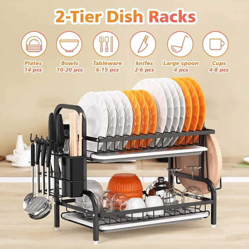 Dish Drying Rack, 2-Tier Dish Racks For Kitchen Counter, Sink Dish Drainer With Drainboard, Utensil Holder And Cutting Board Holder, Stainless Steel Kitchen Drying Rack-Black - Trendy Treasures