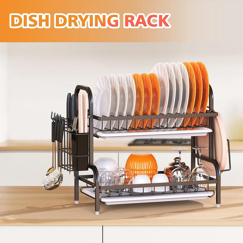 Dish Drying Rack, 2-Tier Dish Racks For Kitchen Counter, Sink Dish Drainer With Drainboard, Utensil Holder And Cutting Board Holder, Stainless Steel Kitchen Drying Rack-Black - Trendy Treasures