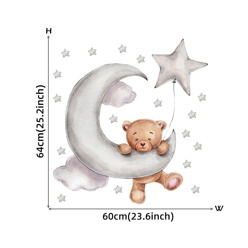 Teddy Bear Sleeping on the Moon and Stars Wall Stickers for Kids Room Baby Room Decoration Wall Decals Room Interior - Trendy Treasures