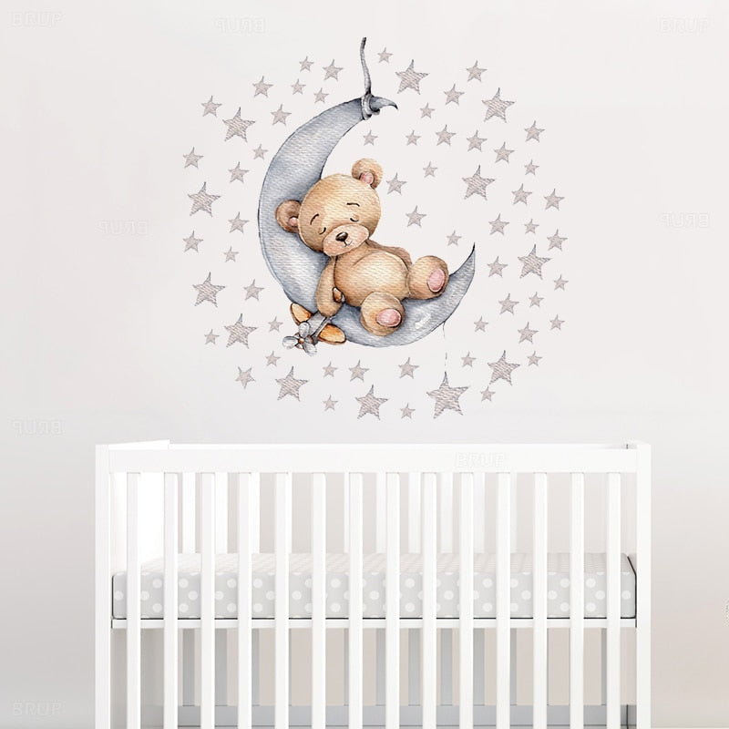 Teddy Bear Sleeping on the Moon and Stars Wall Stickers for Kids Room Baby Room Decoration Wall Decals Room Interior - Trendy Treasures