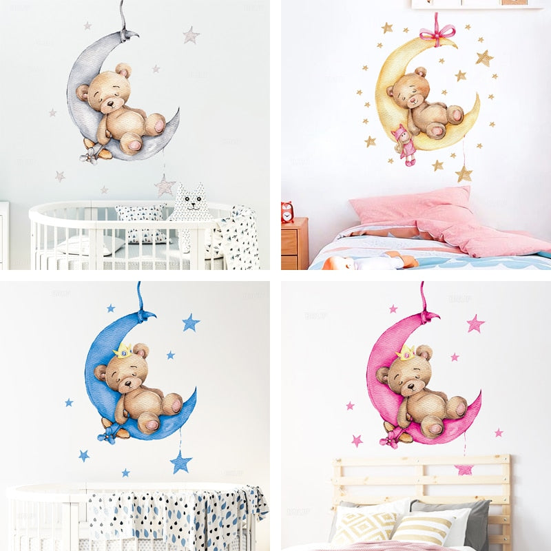 Teddy Bear Sleeping on the Moon and Stars Wall Stickers for Kids Room Baby Room Decoration Wall Decals Room Interior - Trendy Treasures