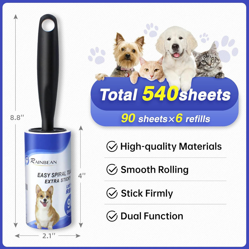 RAINBEAN Lint Rollers For Pet Hair Extra Sticky, 540 Sheets 6 Refills Lint Roller With 2 Upgrade Handles, Portable Lint Remover Brush Pet Hair Remover For Dog Cat Hair Removal, Clothes, Furniture - Trendy Treasures