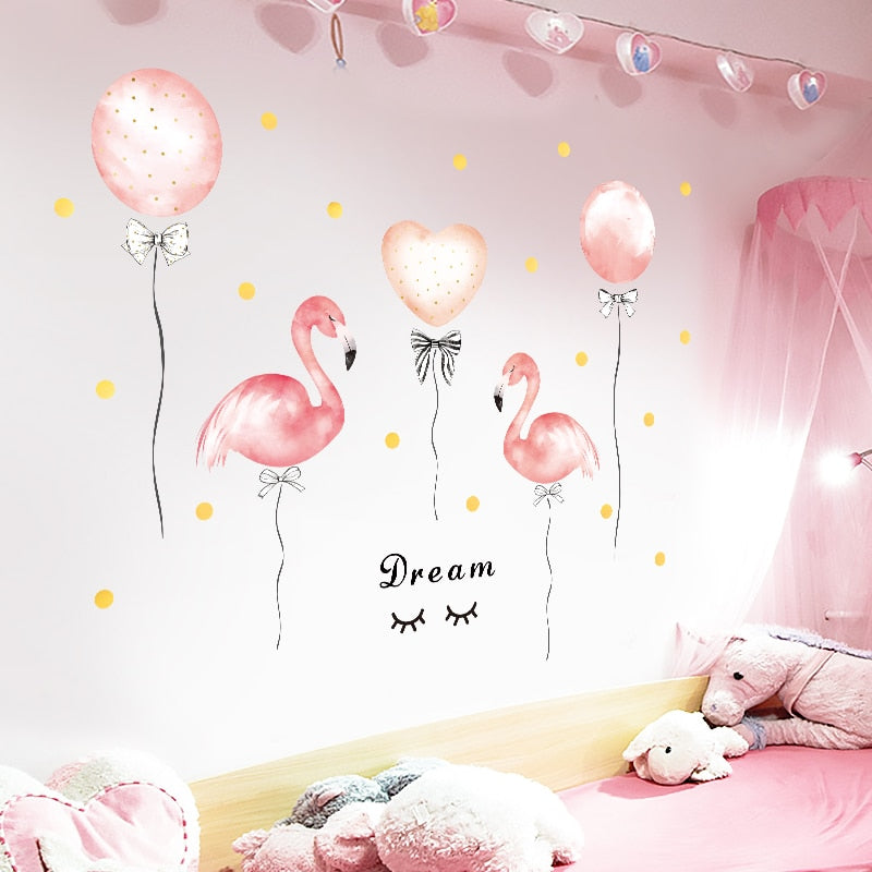 Pink Flamingo Balloon Wall Stickers for Bedroom Removable Vinyl Wall Decals - Trendy Treasures