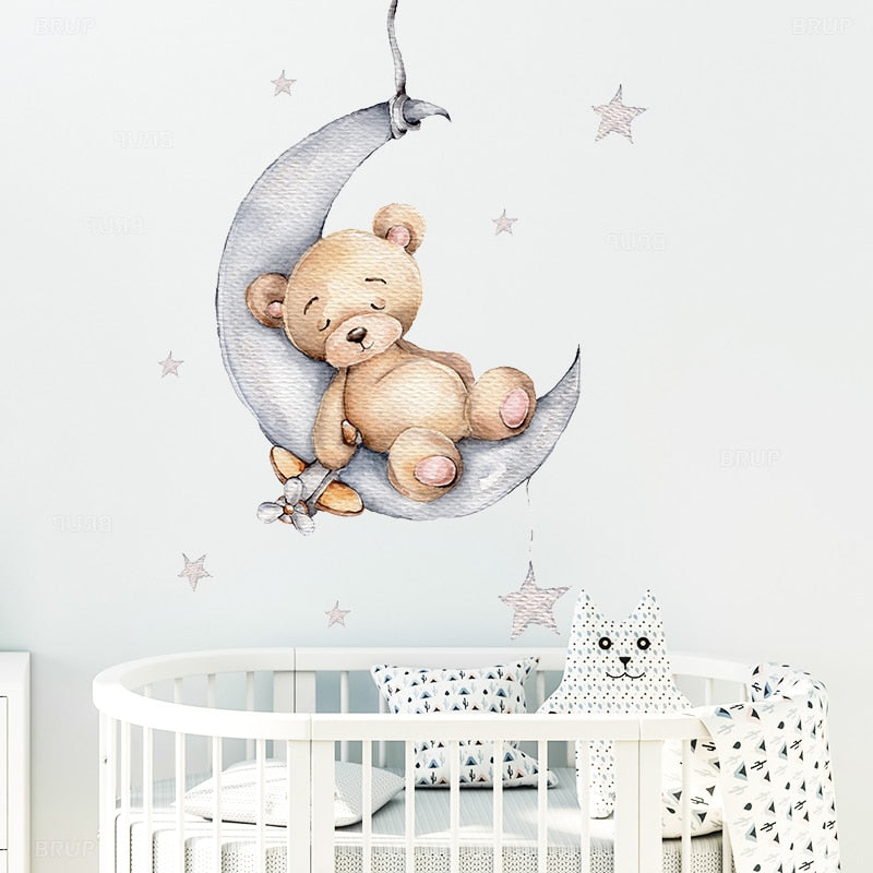 Teddy Bear Sleeping on the Moon and Stars Wall Stickers for Kids Room Baby Room Decoration Wall Decals Room Interior - Trendy Treasures